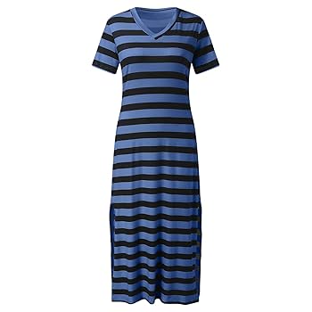 Lainuyoah Long Striped Dress For Women V-neck Short Sleeve T